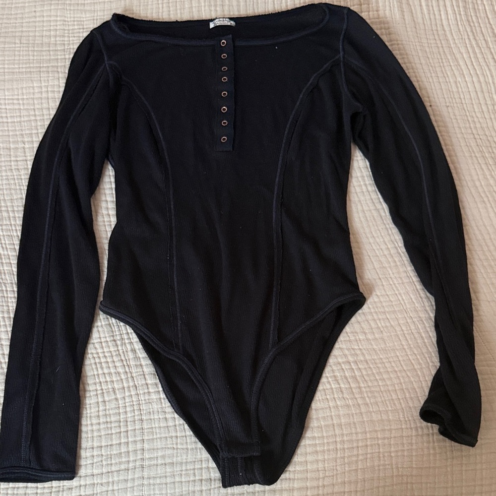 Long Sleeve Black Ribbed Bodysuit with Snap Front
